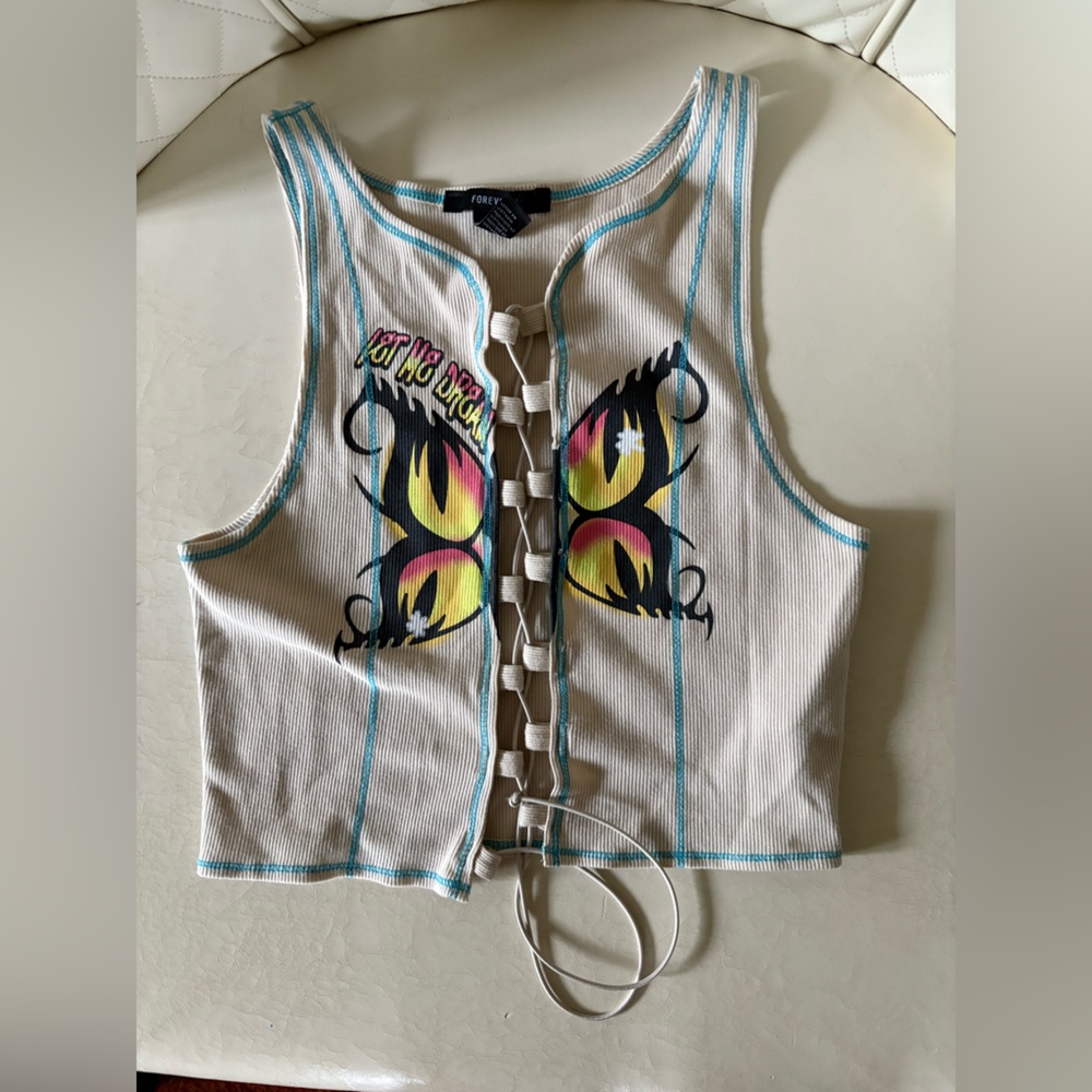 H&M White Yellow Crop Tank Top with Tie Front